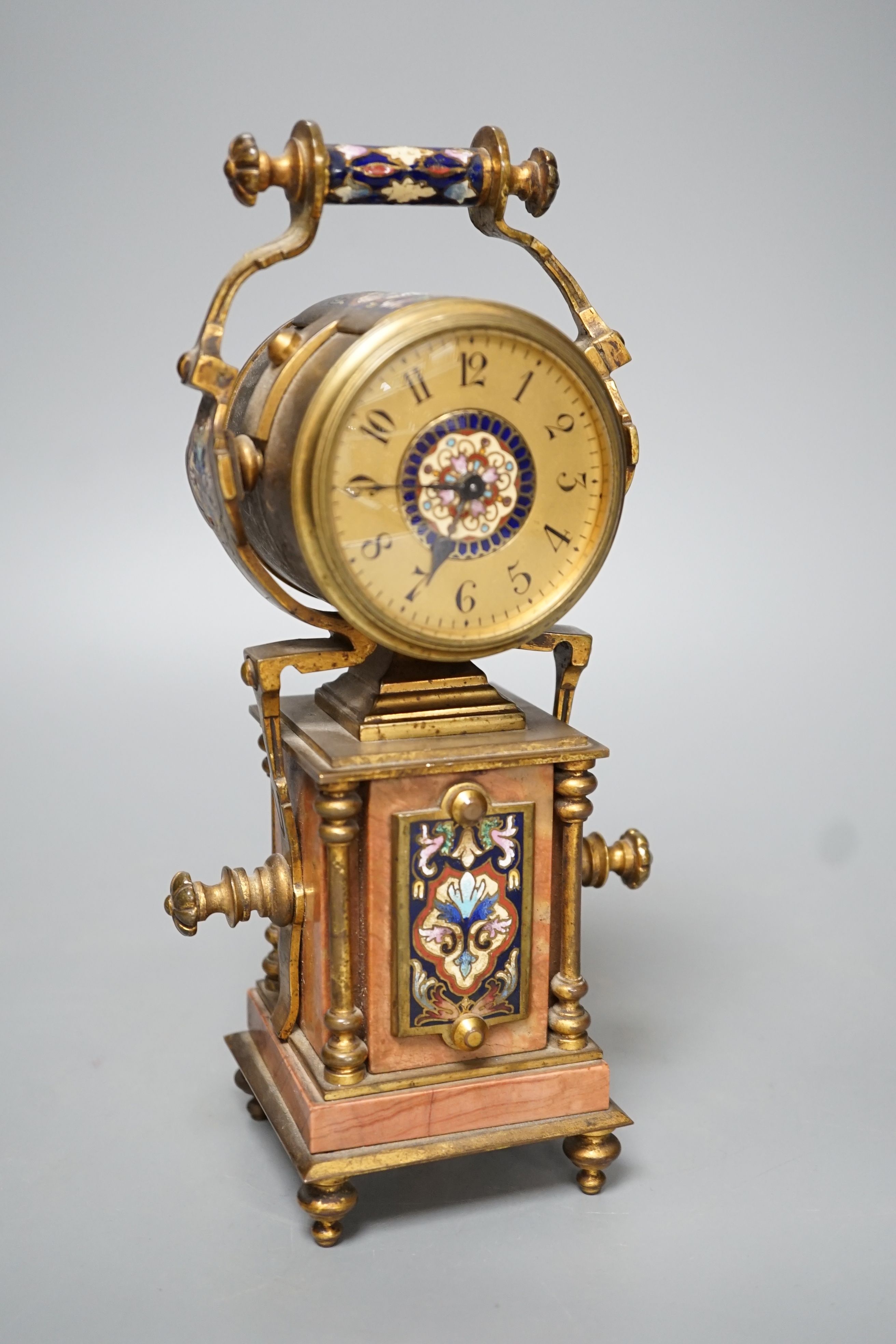 A French champleve enamel ormolu and marble mantle timepiece - 23cm high